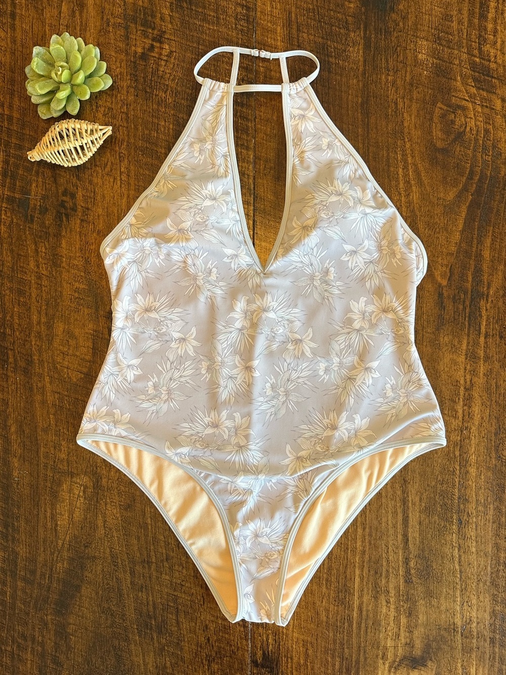 L.A. Hearts | Plunging Deep V Halter One-Piece Swimsuit Floral Grey White, XL